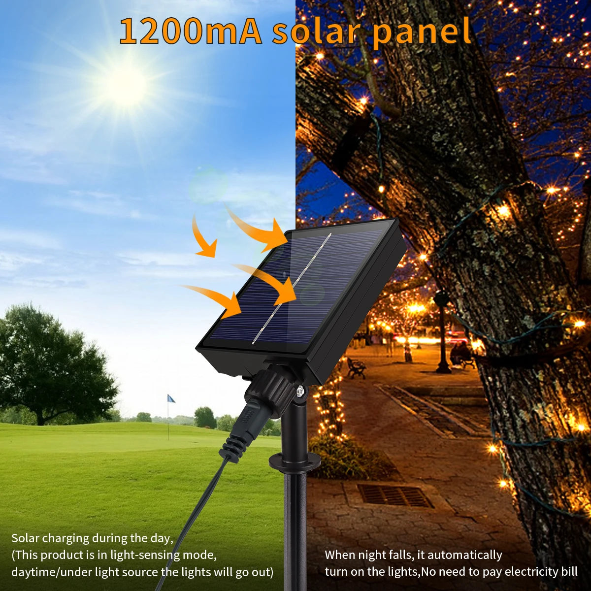 Solar powered outdoor string lights with 1200mA solar panel charging during day and lighting up tree at night