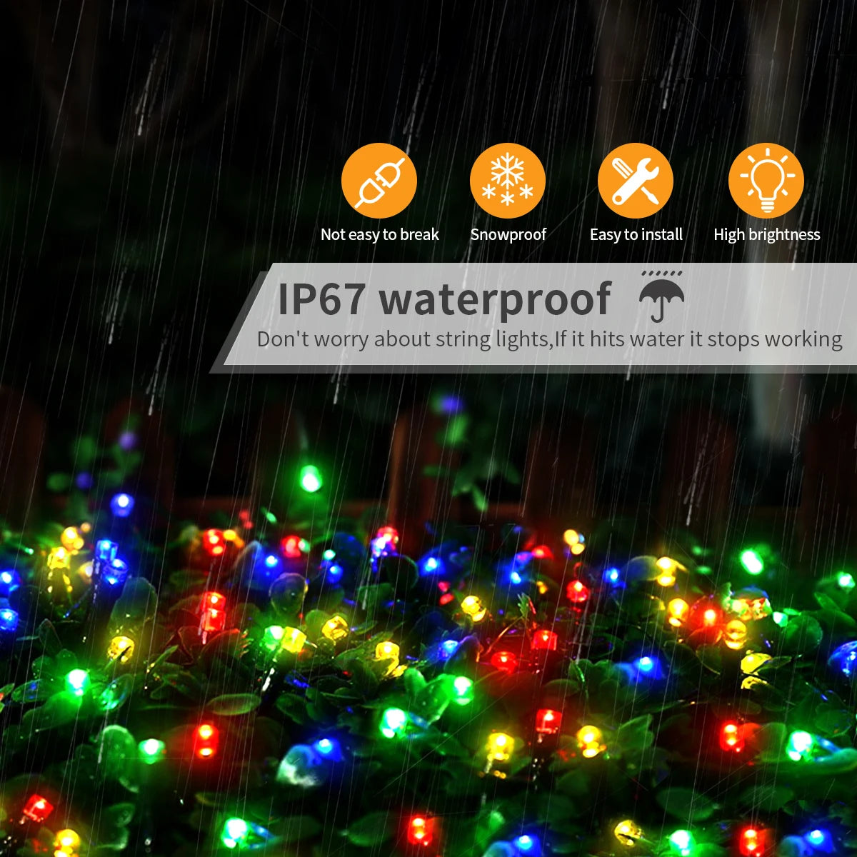 Colorful solar powered outdoor string lights glowing brightly in rain with waterproof and snowproof features