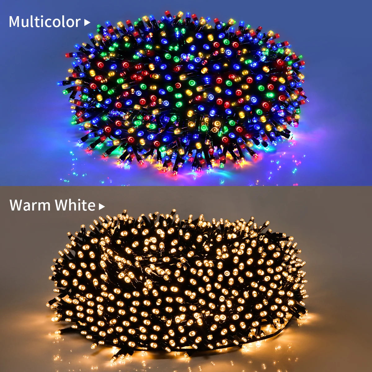 Multicolor and warm white solar powered outdoor string lights coiled and illuminated on dark background