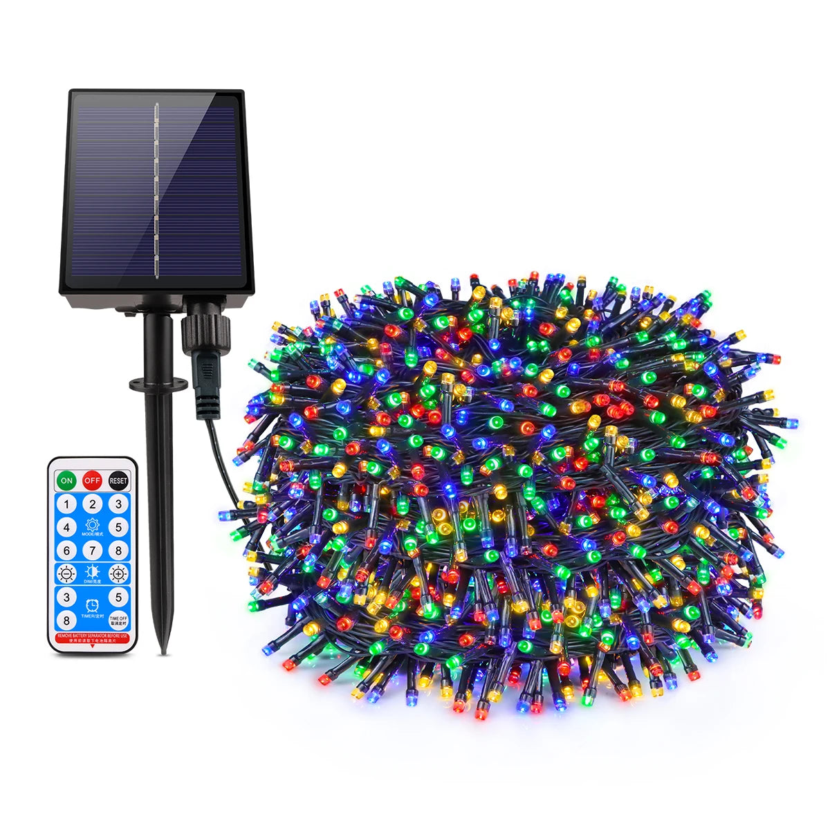 DFShop solar powered outdoor string lights with multicolor LEDs, solar panel, and remote control