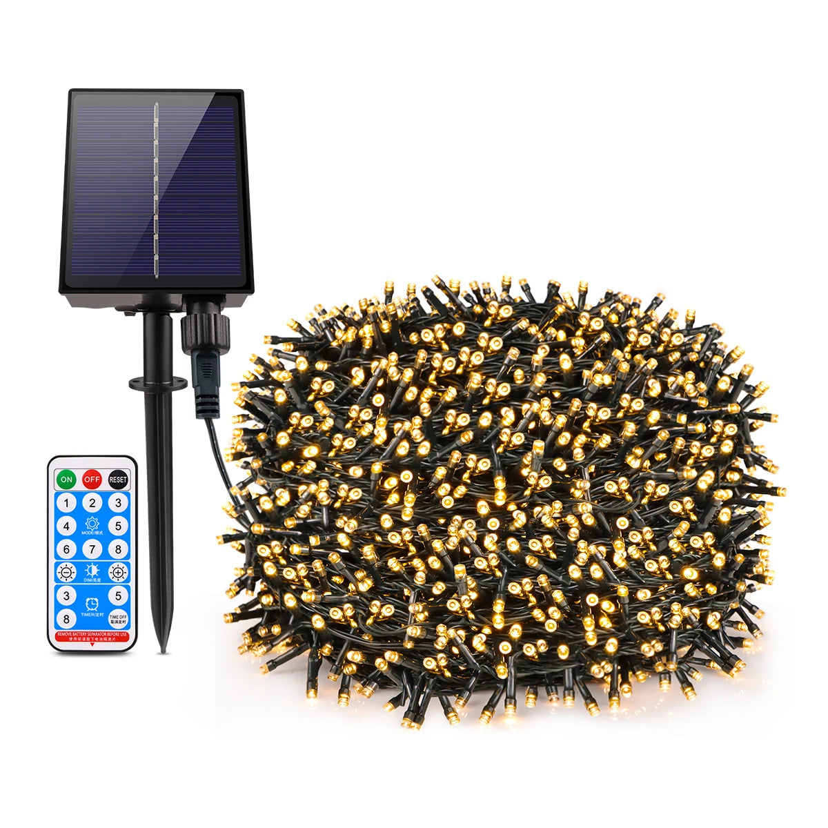 DFShop solar powered outdoor string lights with remote control and black solar panel stake