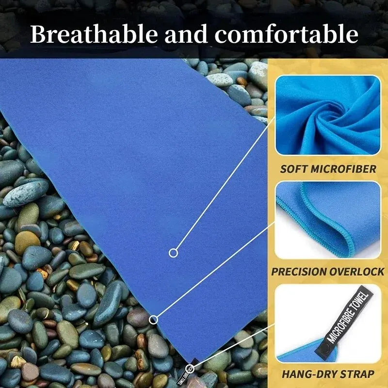 Blue quick drying sports towel made of soft microfiber with precision overlock and hang-dry strap