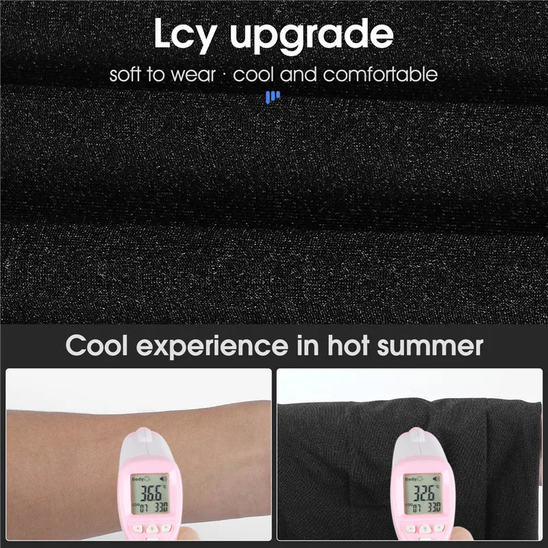 Close-up of breathable cycling mask fabric showing softness and cool comfort with temperature comparison for hot summer use