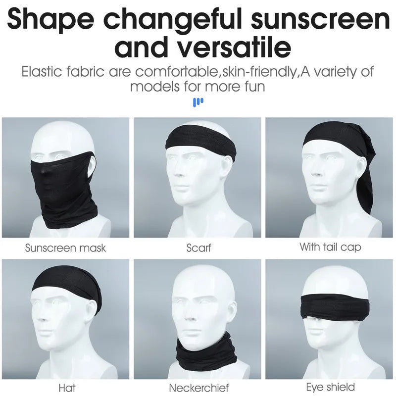 DFShop breathable cycling mask shown in six versatile styles including scarf, tail cap, hat, neckerchief, and eye shield