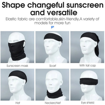 DFShop breathable cycling mask shown in six versatile styles including scarf, tail cap, hat, neckerchief, and eye shield
