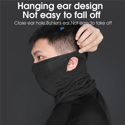 Man wearing black breathable cycling mask with hanging ear design for secure fit