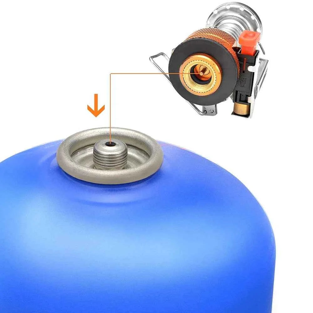 Close-up of gas canister connection and burner for camping cookware kit with stove