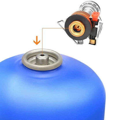 Close-up of gas canister connection and burner for camping cookware kit with stove