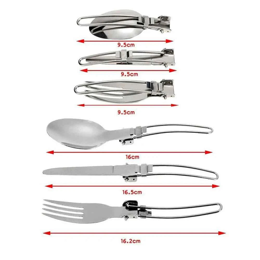 Camping cookware kit with stove including foldable stainless steel spoon fork and knife measuring up to 16.5 cm