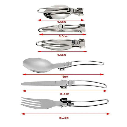 Camping cookware kit with stove including foldable stainless steel spoon fork and knife measuring up to 16.5 cm