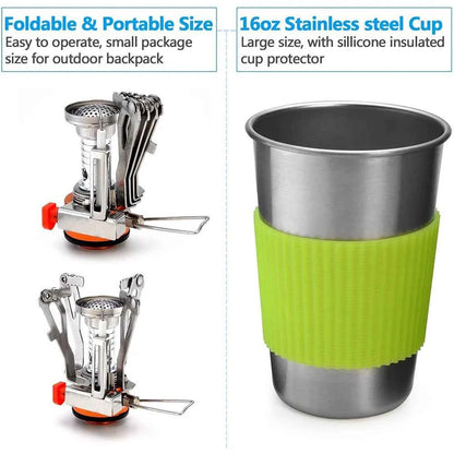 Foldable and portable camping cookware kit with stove and 16oz stainless steel cup with silicone grip