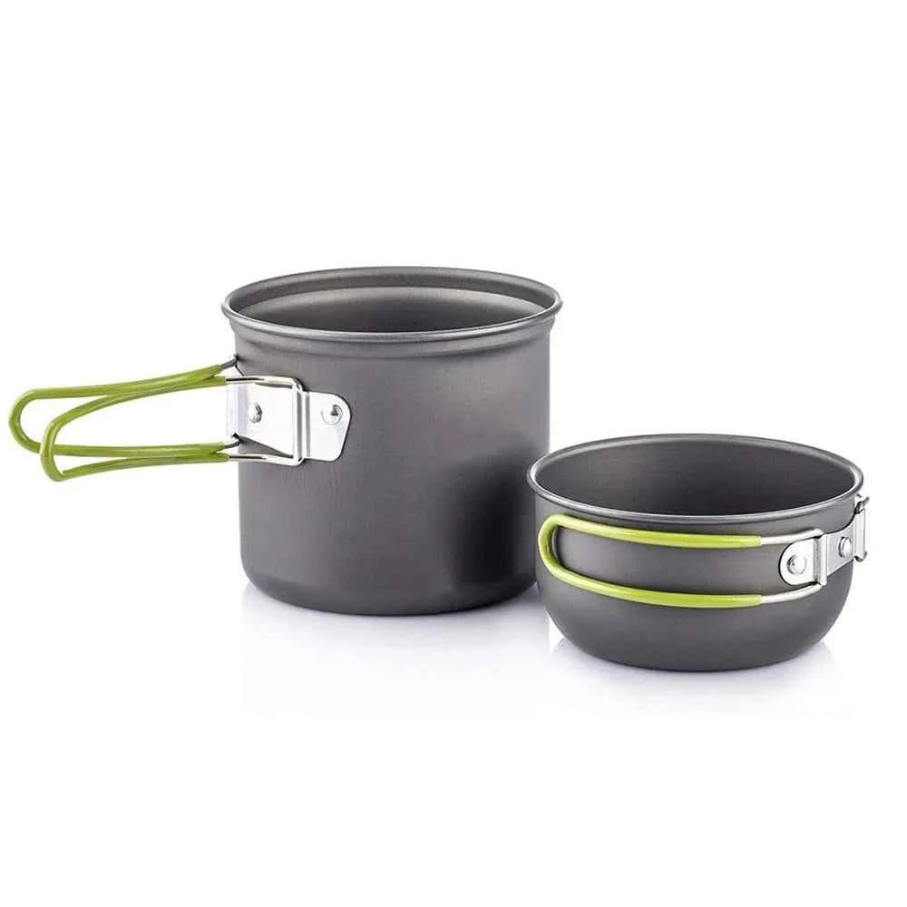 DFShop compact camping cookware kit with stove featuring two dark gray pots with green foldable handles