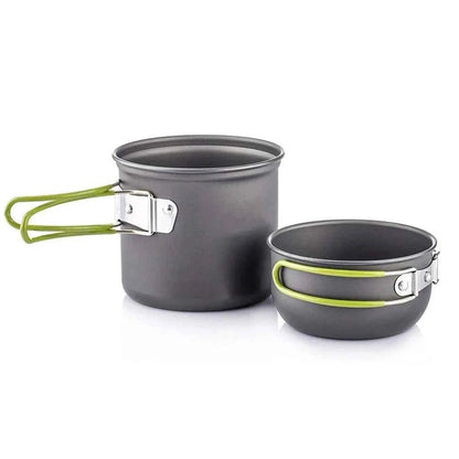 DFShop compact camping cookware kit with stove featuring two dark gray pots with green foldable handles