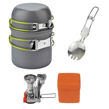 Compact camping cookware kit with stove featuring pots, folding spoon, and portable burner by DFShop