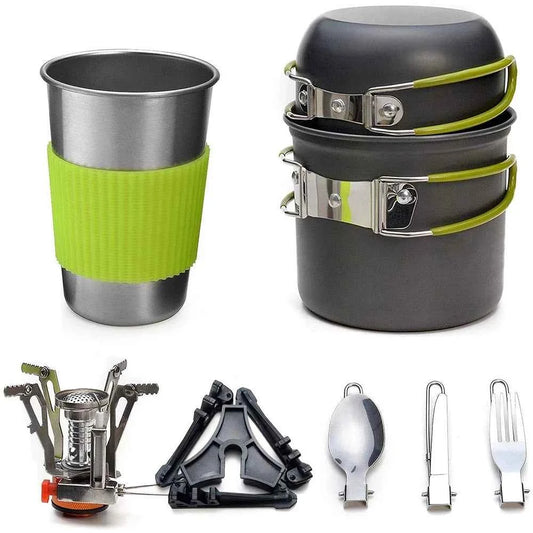 Camping cookware kit with stove including pots, cup with green grip, stove burner, and utensils