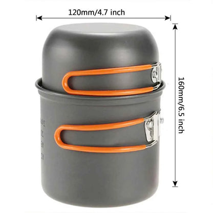 Compact camping cookware kit with stove featuring foldable orange handles and lightweight design