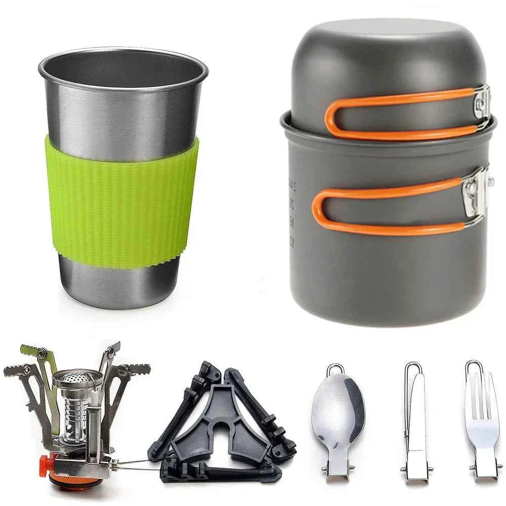 DFShop camping cookware kit with stove includes pots, cup with green grip, portable stove, and compact utensils