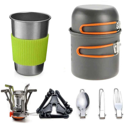 DFShop camping cookware kit with stove includes pots, cup with green grip, portable stove, and compact utensils