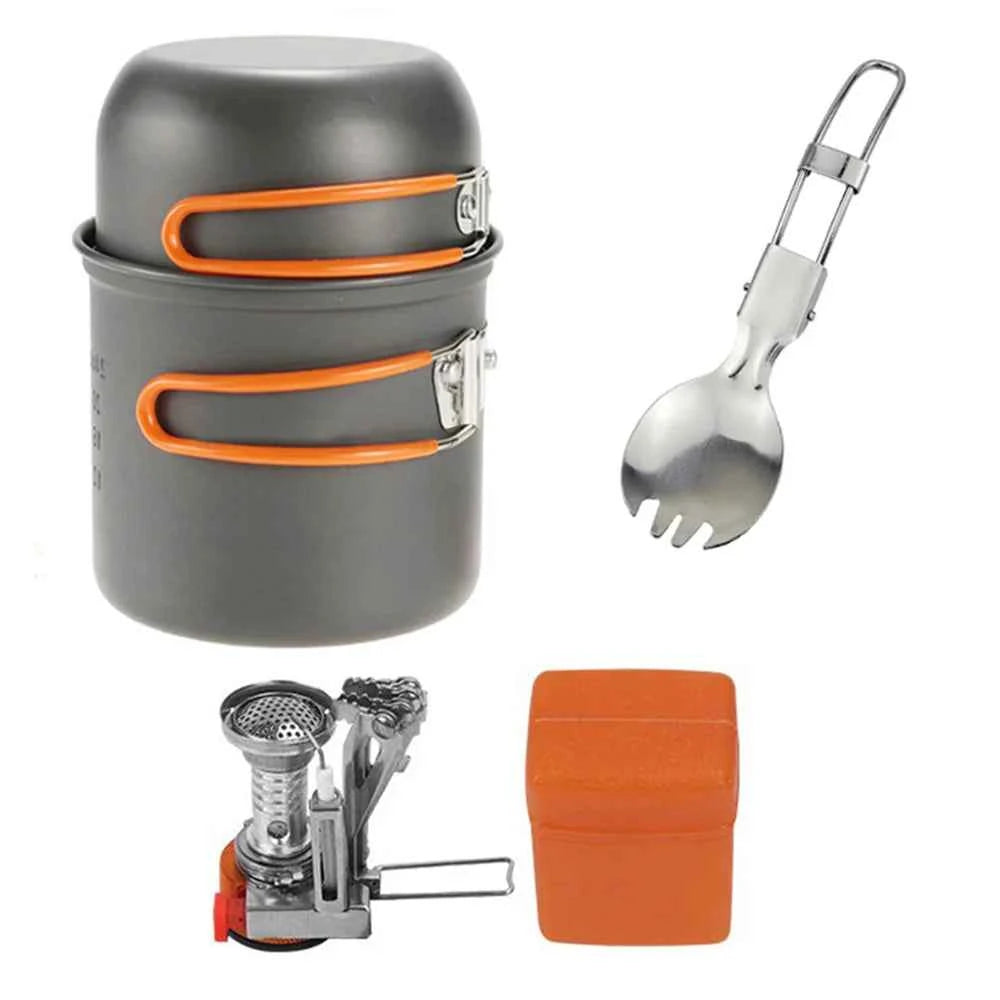 Camping cookware kit with stove including pots with orange handles, folding stove, spork, and orange case