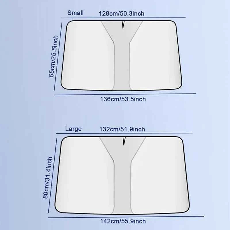 DFShop car windshield sun shade cover in small and large sizes with dimensions displayed