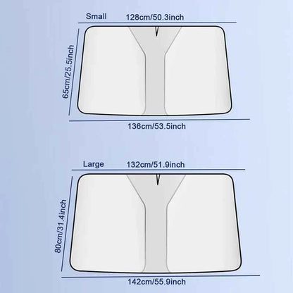 DFShop car windshield sun shade cover in small and large sizes with dimensions displayed