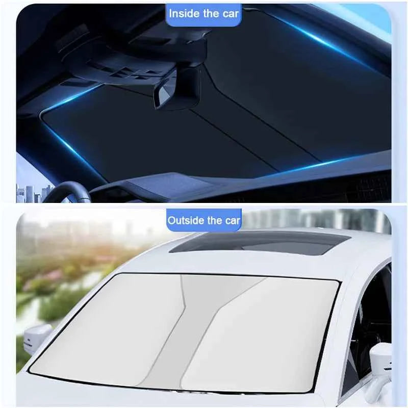DFShop car windshield sun shade cover shown installed inside and outside the car protecting from sunlight