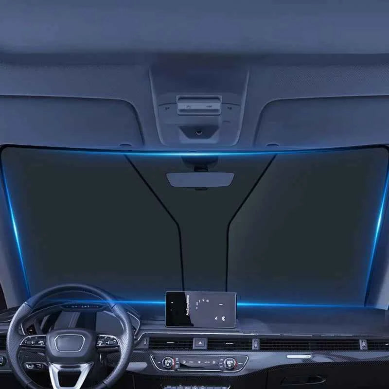 Car windshield sun shade cover installed inside a modern vehicle protecting dashboard and interior from sunlight
