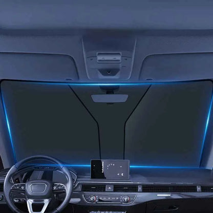 Car windshield sun shade cover installed inside a modern vehicle protecting dashboard and interior from sunlight