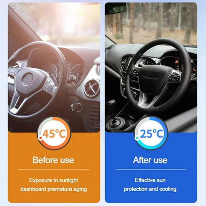 Comparison showing car dashboard temperature before and after using car windshield sun shade cover for sun protection and cooling