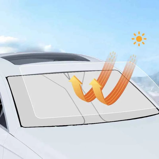 Car windshield sun shade cover on white car blocking sunlight and heat rays