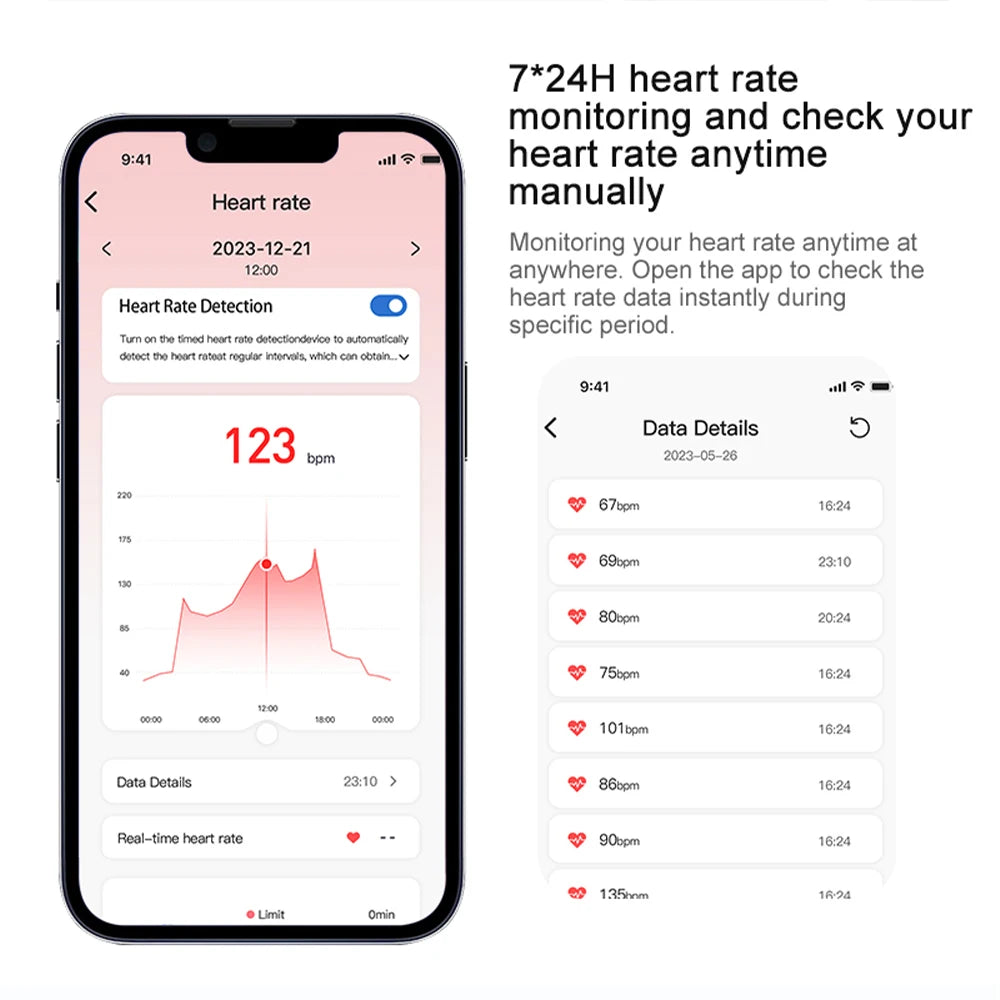 Health monitoring smart ring heart rate data displayed on smartphone app with real-time tracking