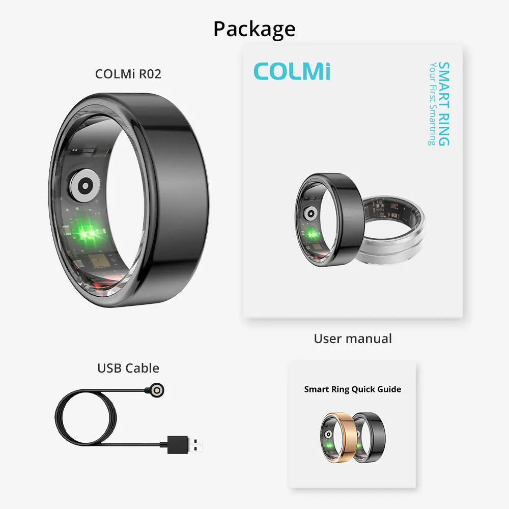 COLMi health monitoring smart ring with USB cable and user manual for tracking fitness and wellness