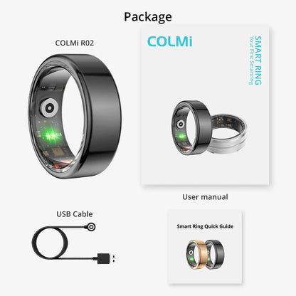 COLMi health monitoring smart ring with USB cable and user manual for tracking fitness and wellness