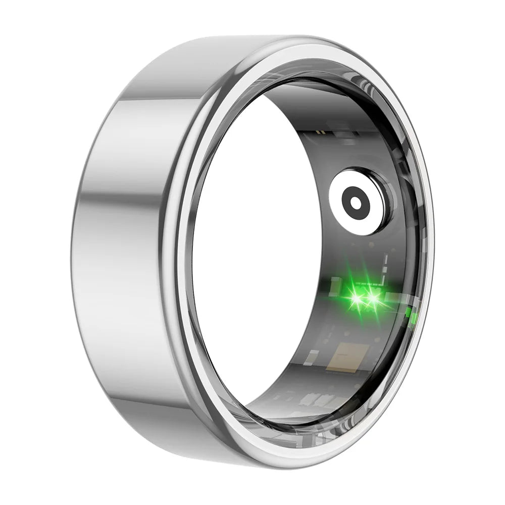 Sleek silver health monitoring smart ring by DFShop with built-in sensors and LED indicators
