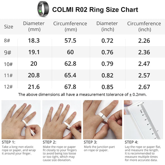 COLMI R02 health monitoring smart ring size chart with step-by-step measurement guide