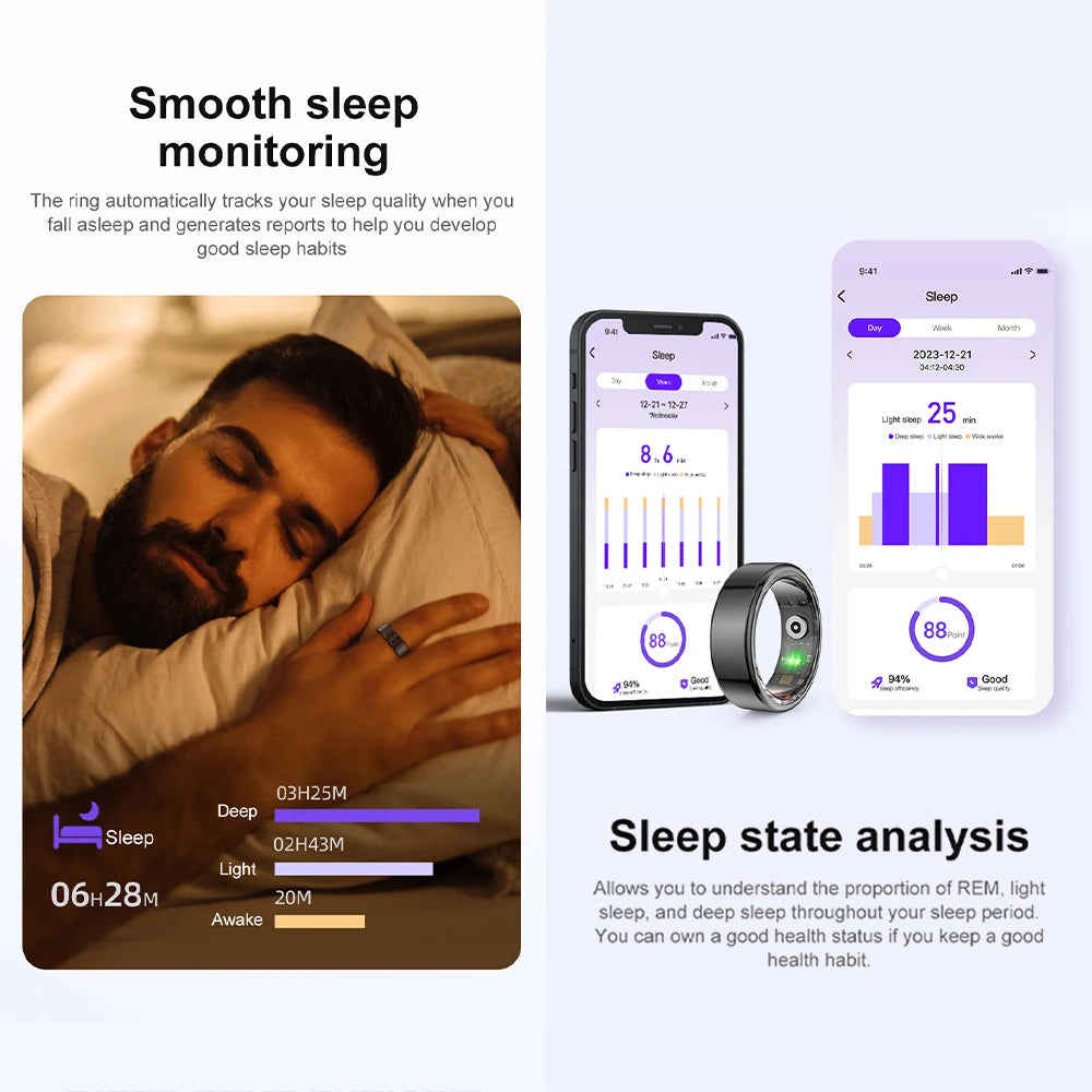 Health monitoring smart ring displaying sleep tracking data and app analysis on smartphone