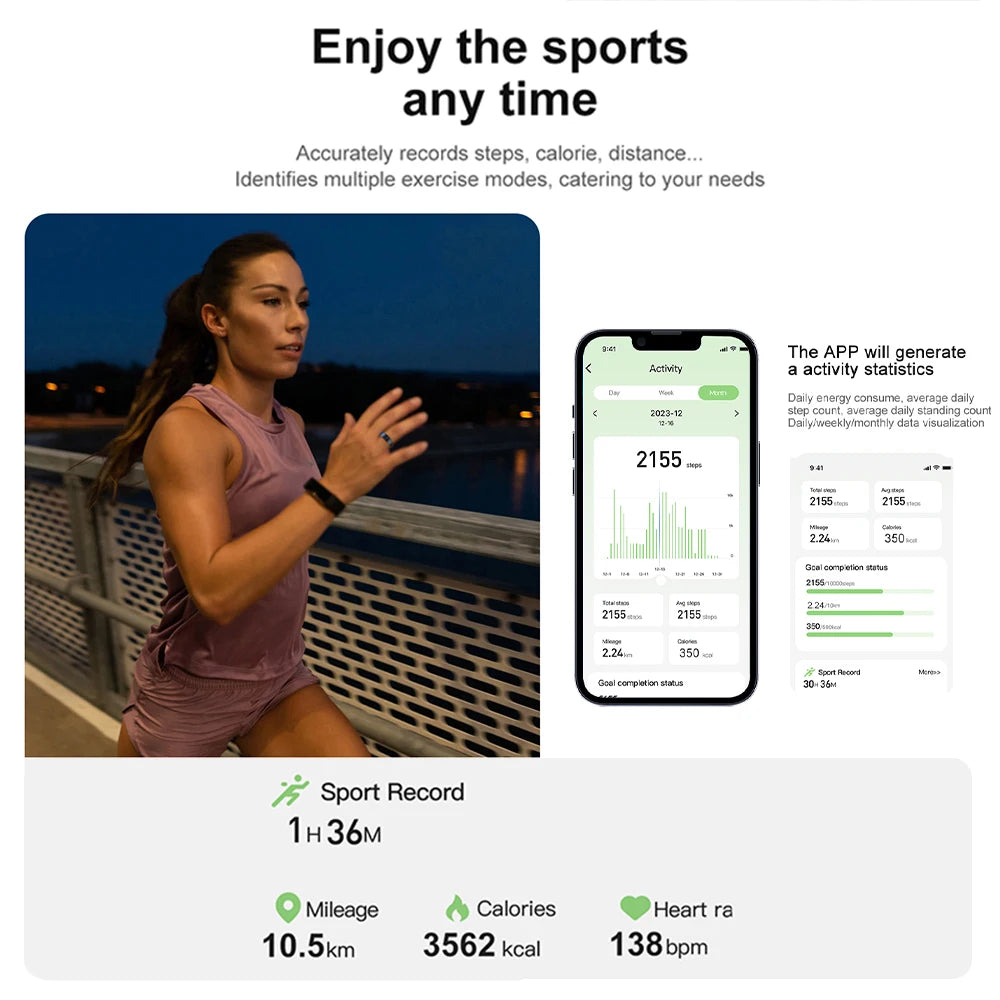 Health monitoring smart ring tracking steps calories distance and heart rate with app activity stats display