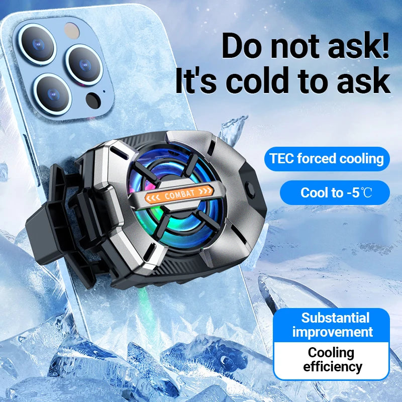 DFShop cell phone cooler attached to smartphone with TEC forced cooling and blue LED fan
