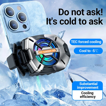 DFShop cell phone cooler attached to smartphone with TEC forced cooling and blue LED fan