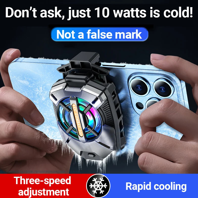 DFShop cell phone cooler attached to blue smartphone with three-speed adjustment and rapid cooling