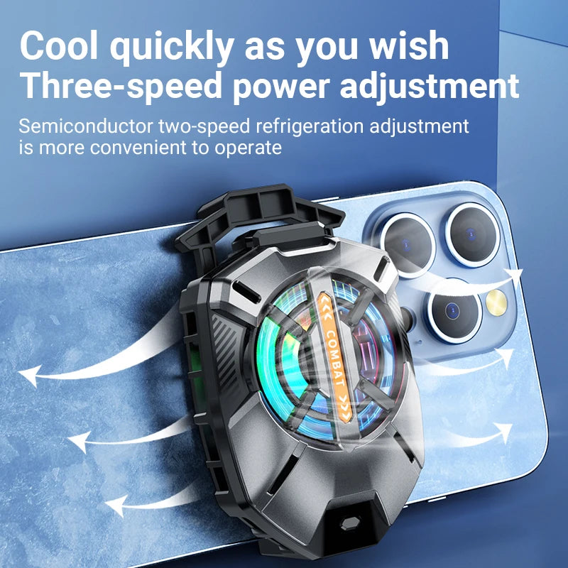 DFShop cell phone cooler attached to the back of a blue smartphone with three-speed power adjustment
