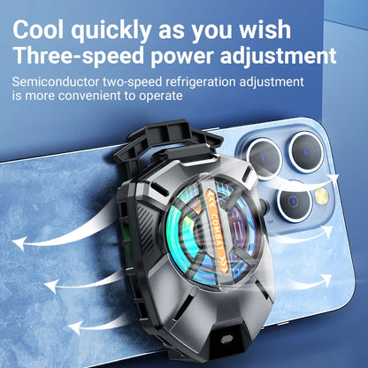 DFShop cell phone cooler attached to the back of a blue smartphone with three-speed power adjustment
