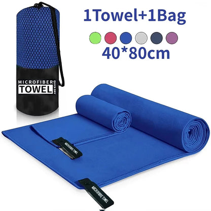 Blue quick drying sports towel made of microfiber with carrying bag for easy transport