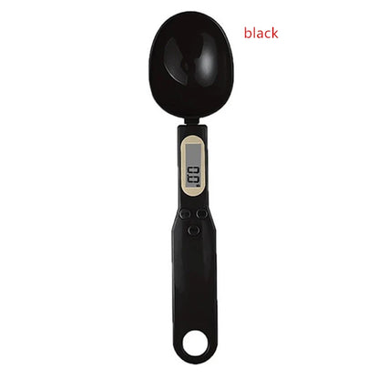 Black digital measuring spoon scale with LCD display and ergonomic handle for precise measurements