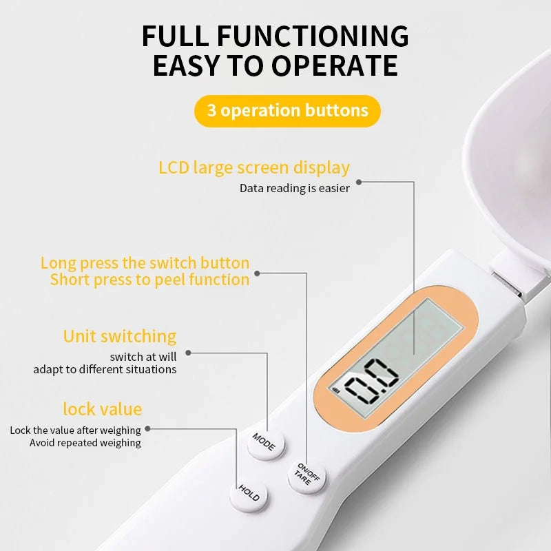 White digital measuring spoon scale with LCD screen and three operation buttons for easy weighing