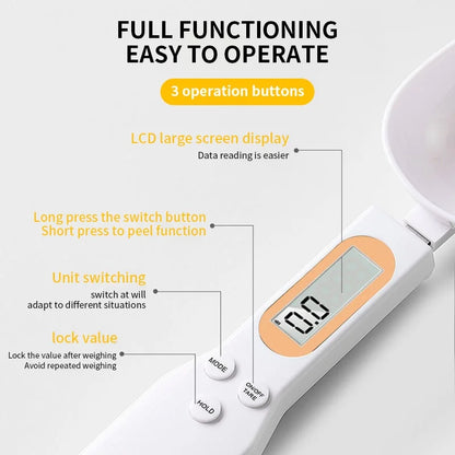 White digital measuring spoon scale with LCD screen and three operation buttons for easy weighing