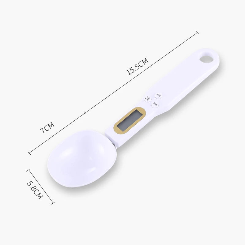 White digital measuring spoon scale with LCD screen and measurement buttons by DFShop