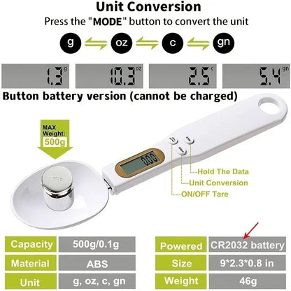 DFShop digital measuring spoon scale with LCD screen, unit conversion, and 500g capacity using CR2032 battery