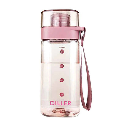 Transparent pink trendy square water bottle with measurement marks and carrying strap