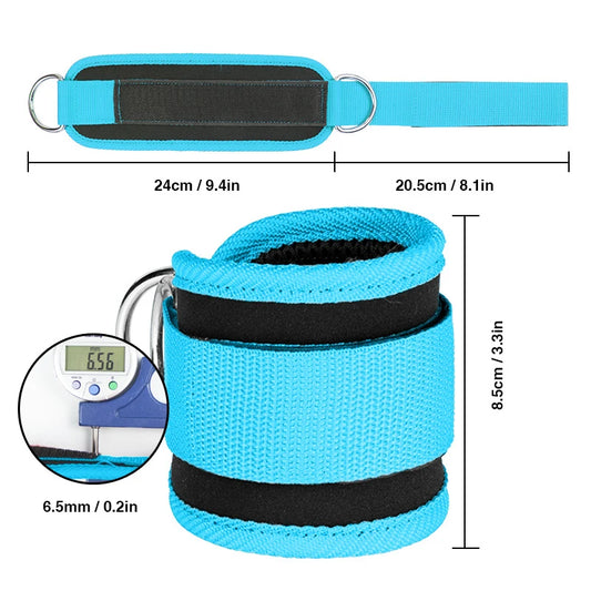 Blue double d-ring ankle straps for gym with adjustable padded support and metal rings